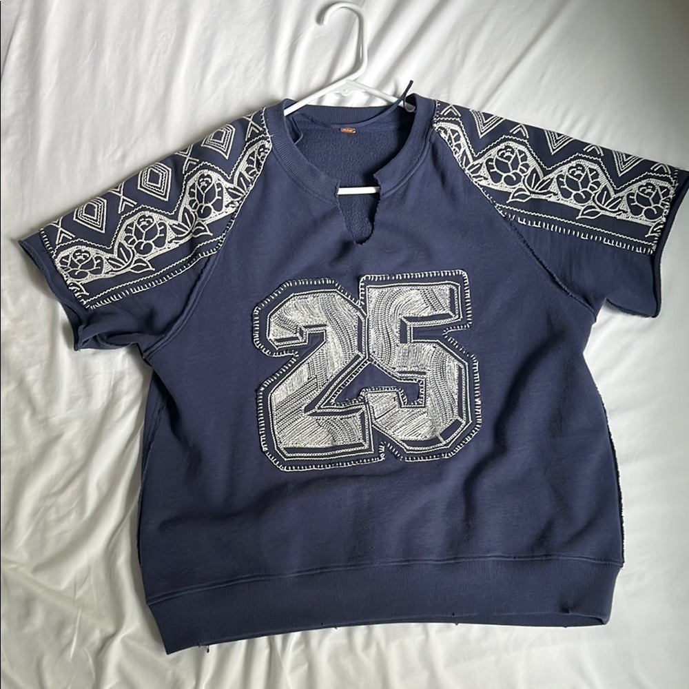 Free People Blue and White Paisley Graphic Sweatshirt